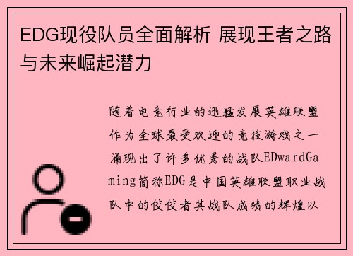 EDG现役队员全面解析 展现王者之路与未来崛起潜力