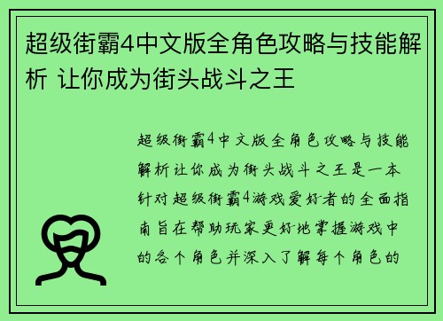 超级街霸4中文版全角色攻略与技能解析 让你成为街头战斗之王